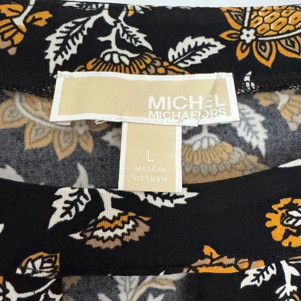 Michael Kors Womens Floral Keyhole Long Sleeve Top Black Gold Paisley L Office